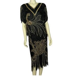 NWT Stunning Vintage silk sequenced beaded black, gold top, skirt set size large